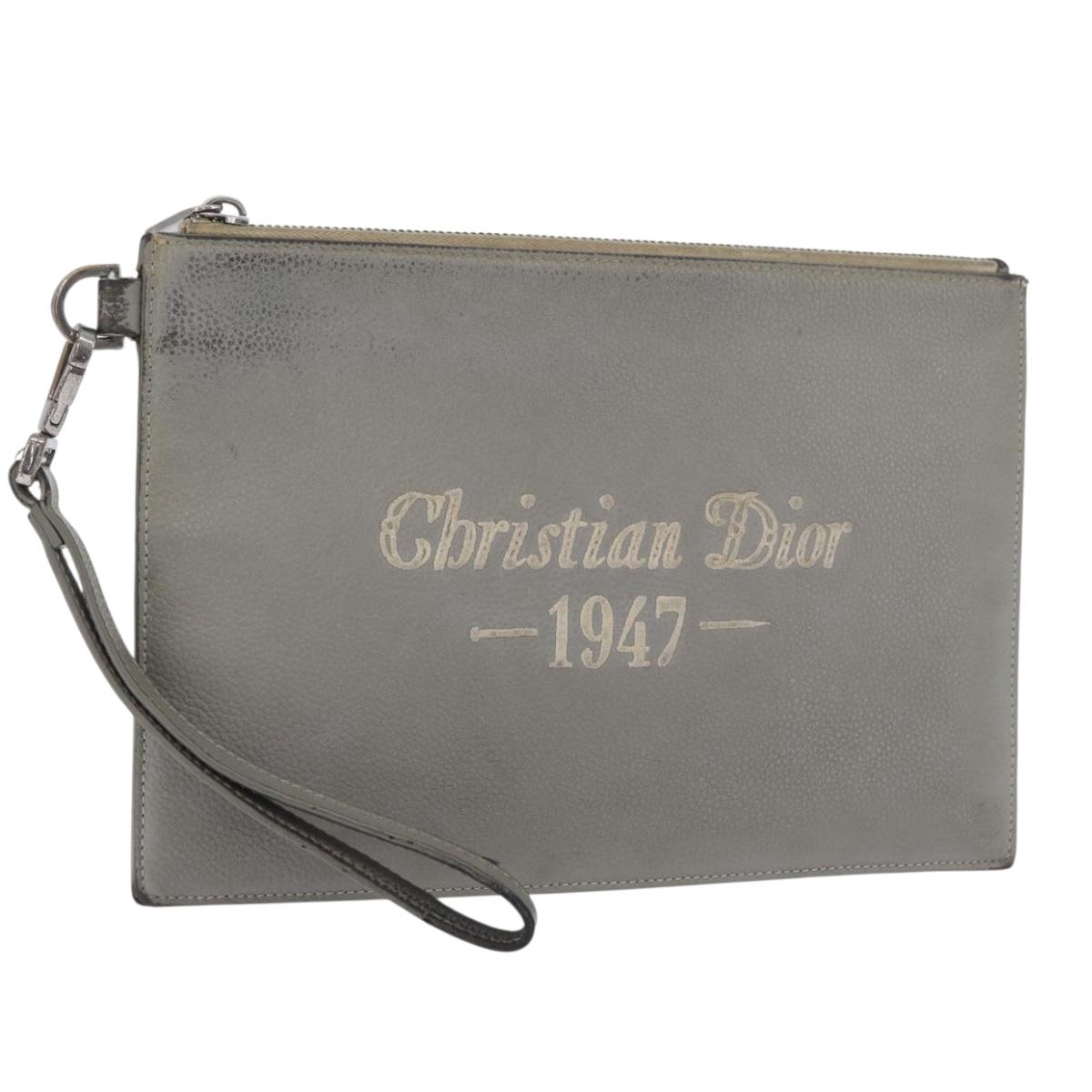 Christian Dior Clutch Bag Leather Gray Silver Auth bs34937