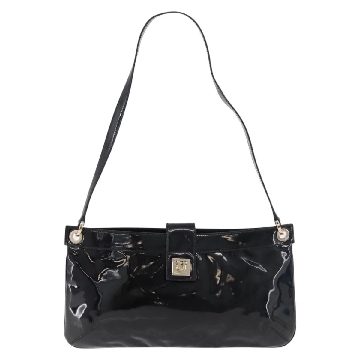 Salvatore Ferragamo Gancini Shoulder Bag Patent leather Black Gold Auth bs34939