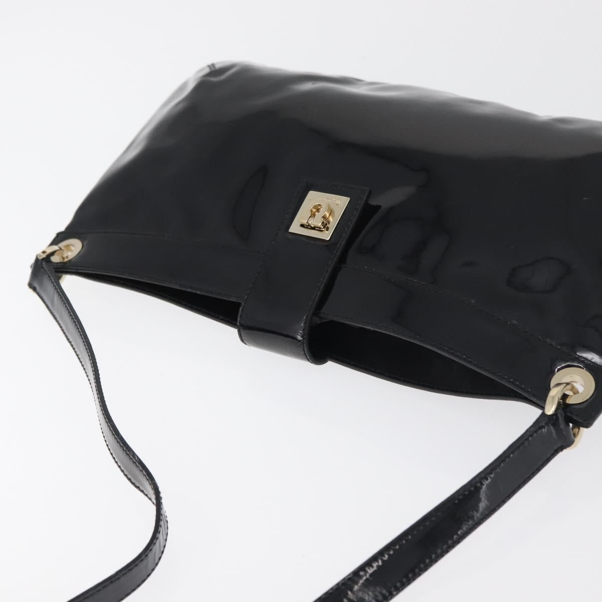 Salvatore Ferragamo Gancini Shoulder Bag Patent leather Black Gold Auth bs34939