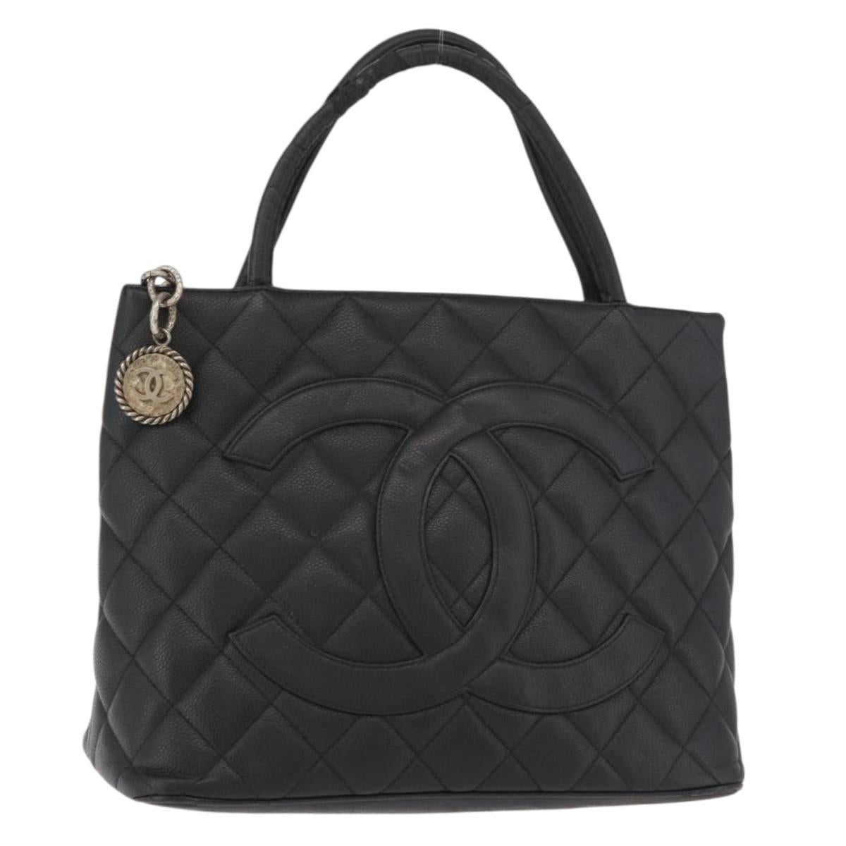 CHANEL Standard Tote Bag Caviar Skin Black Silver CC Auth bs34946