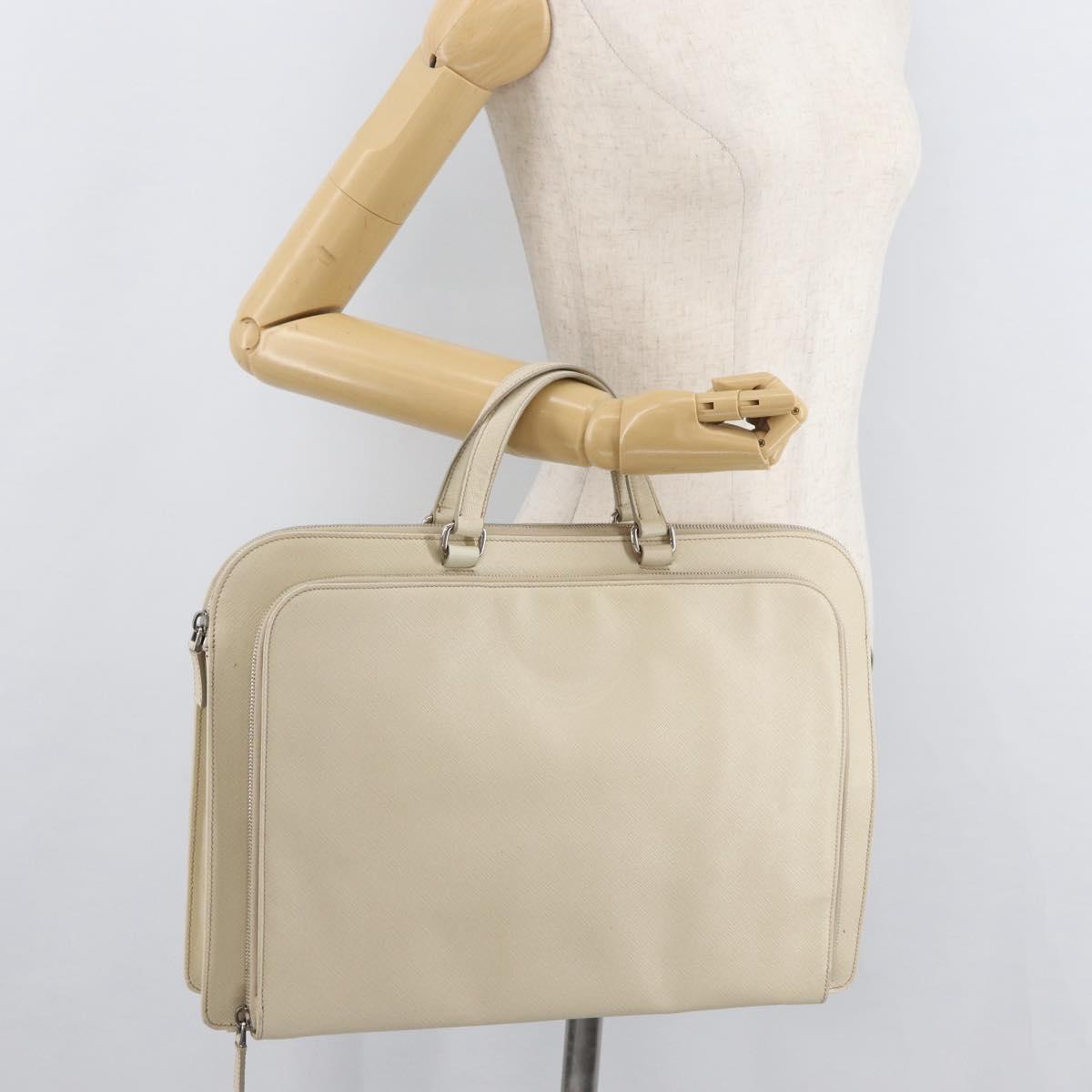 PRADA Business Bag Safiano leather Ivory Silver Auth bs34948A