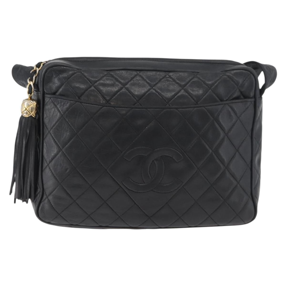 CHANEL Matelasse Shoulder Bag Lamb Skin Black Gold CC Auth bs34951A