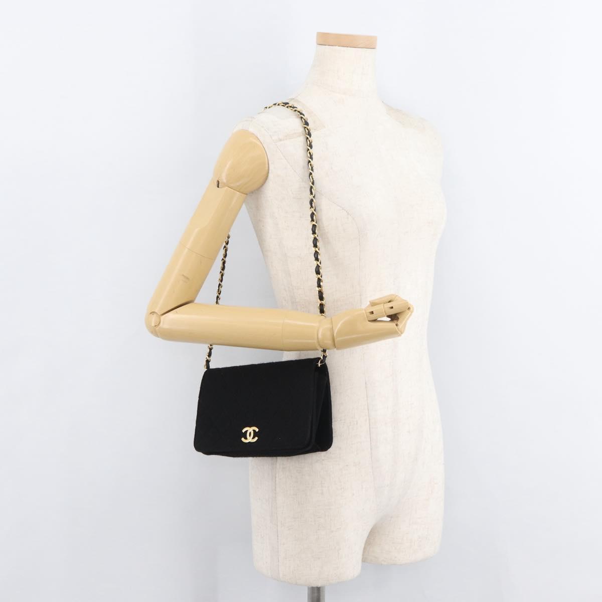CHANEL Matelasse Chain Shoulder Bag cotton Black Gold CC Auth bs34952A