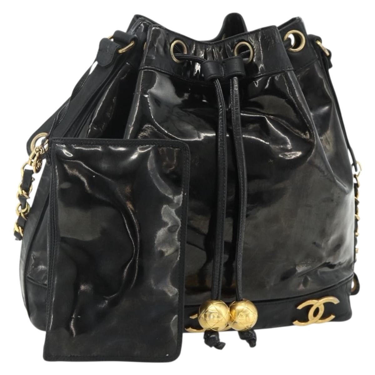 CHANEL Purse Chain Shoulder Bag Patent leather Black Gold CC Auth bs34966