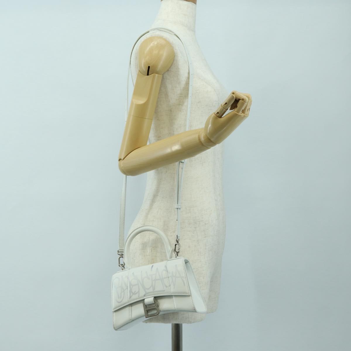 BALENCIAGA Hour Glass Hand Bag Leather 2way White Silver 592833 Auth bs34969M