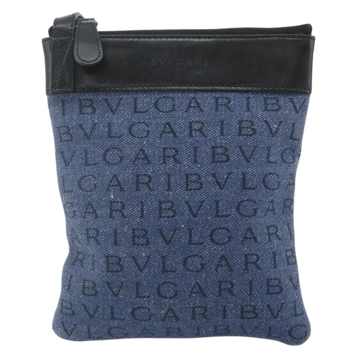 BVLGARI Logo Mania Shoulder Bag Denim Blue Silver Auth bs35006