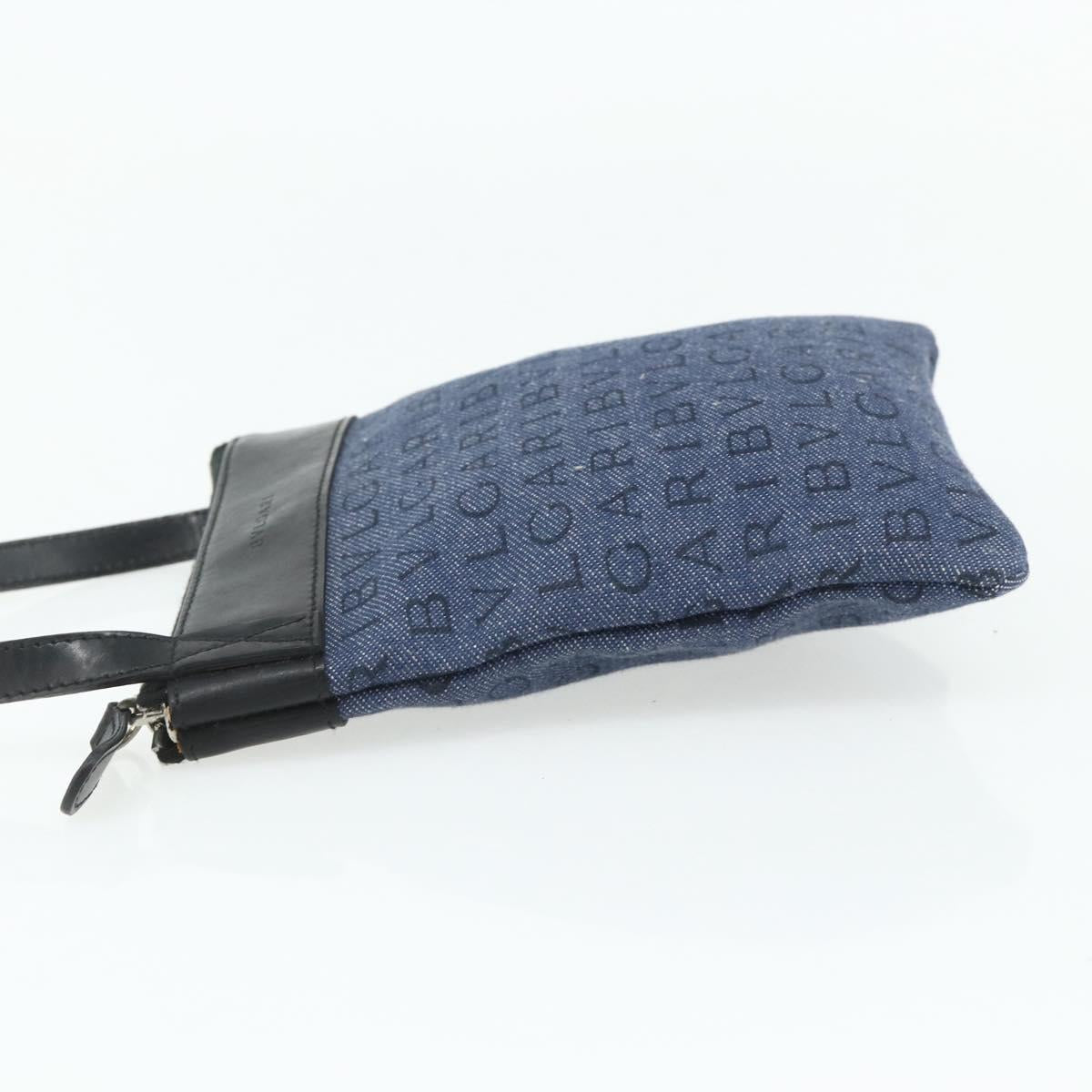 BVLGARI Logo Mania Shoulder Bag Denim Blue Silver Auth bs35006