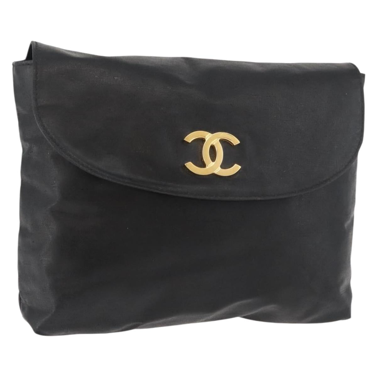 CHANEL Pouch Coated Canvas Black Gold CC Auth bs35024