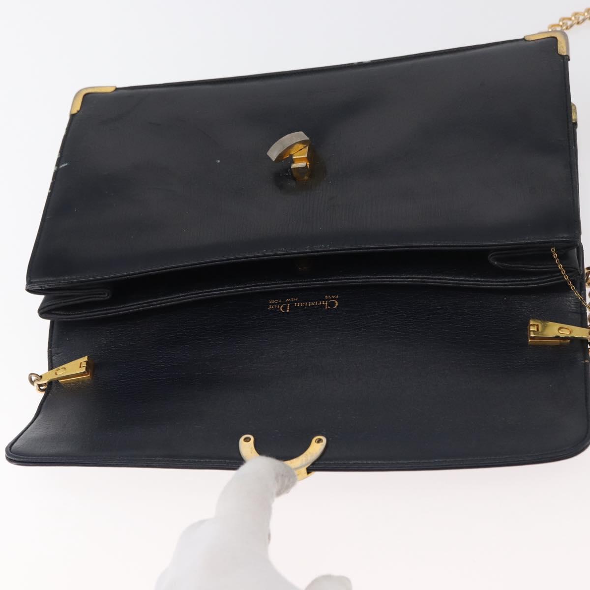 Christian Dior Chain Shoulder Bag Leather Navy Gold Auth bs35041