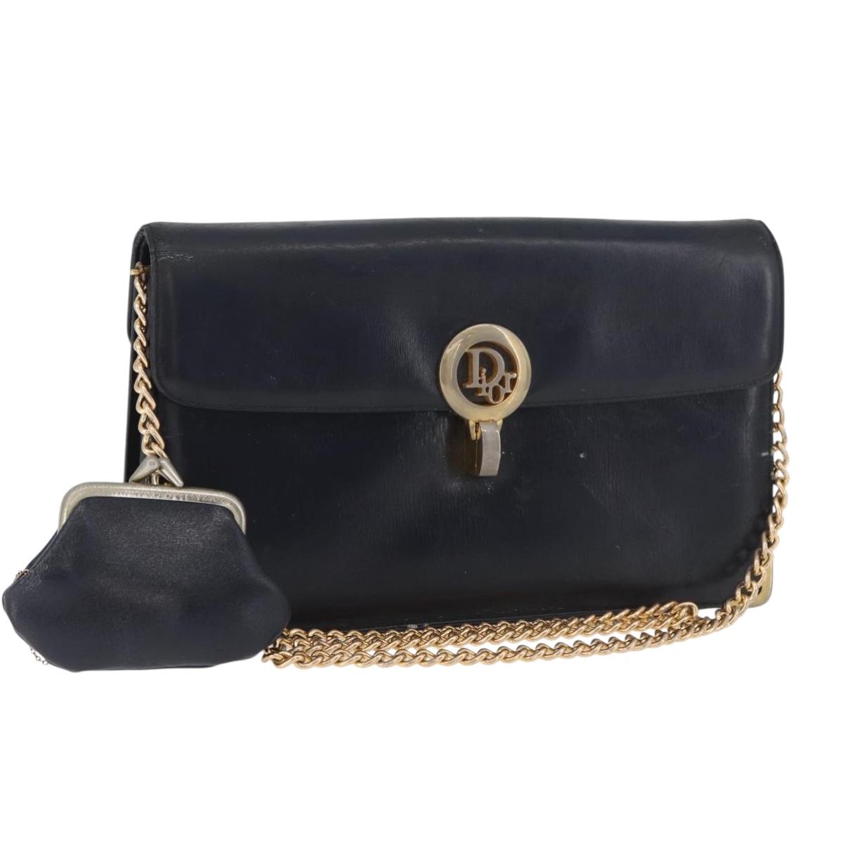 Christian Dior Chain Shoulder Bag Leather Navy Gold Auth bs35041