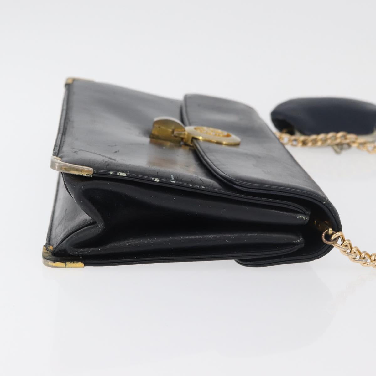Christian Dior Chain Shoulder Bag Leather Navy Gold Auth bs35041