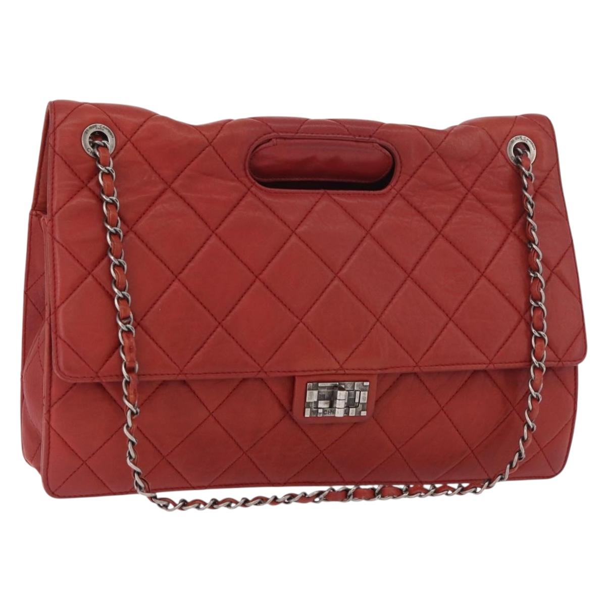 CHANEL Chain Matelasse 2.55 Shoulder Bag Lamb Skin Red Silver CC Auth bs35062V