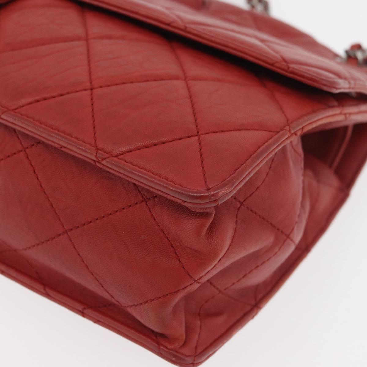 CHANEL Chain Matelasse 2.55 Shoulder Bag Lamb Skin Red Silver CC Auth bs35062V