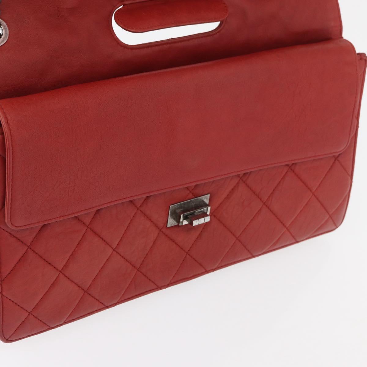 CHANEL Chain Matelasse 2.55 Shoulder Bag Lamb Skin Red Silver CC Auth bs35062V