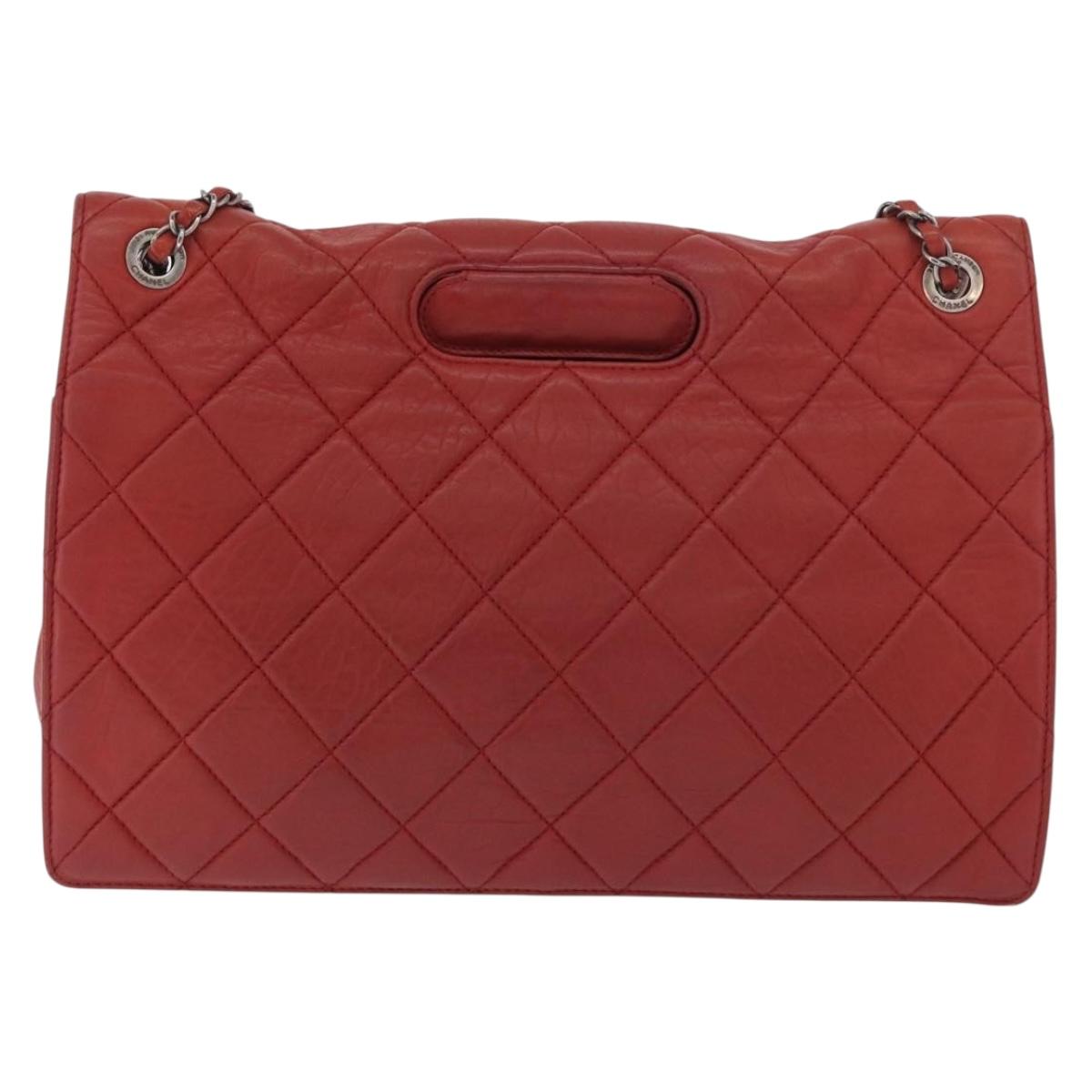 CHANEL Chain Matelasse 2.55 Shoulder Bag Lamb Skin Red Silver CC Auth bs35062V