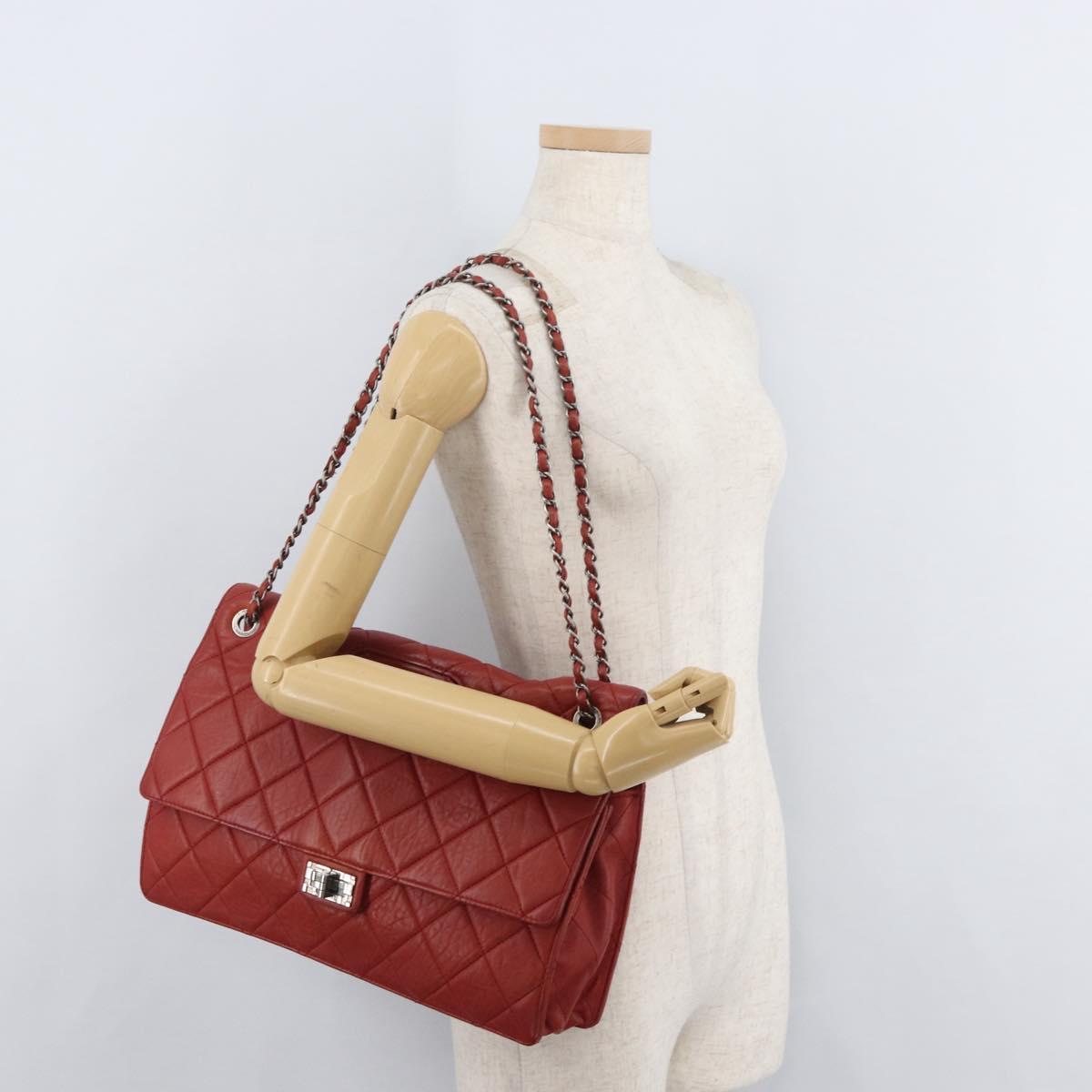 CHANEL Chain Matelasse 2.55 Shoulder Bag Lamb Skin Red Silver CC Auth bs35062V