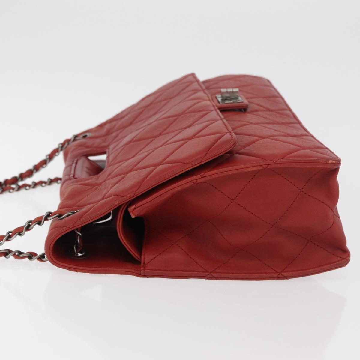 CHANEL Chain Matelasse 2.55 Shoulder Bag Lamb Skin Red Silver CC Auth bs35062V