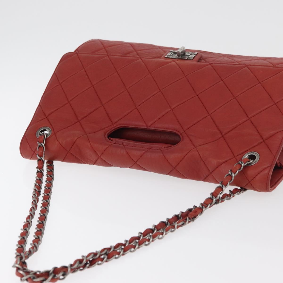 CHANEL Chain Matelasse 2.55 Shoulder Bag Lamb Skin Red Silver CC Auth bs35062V