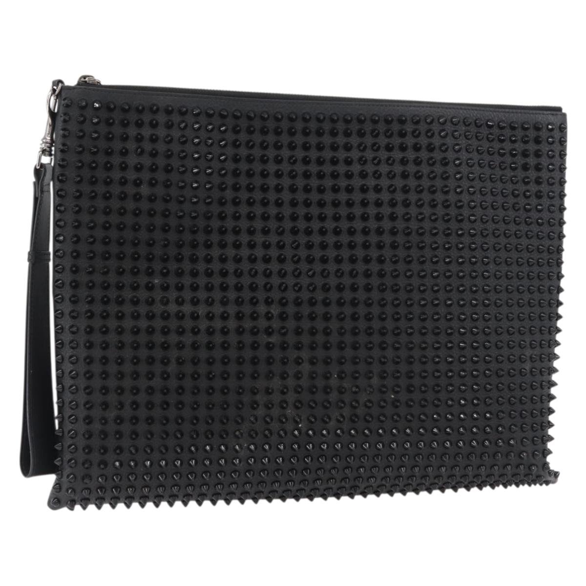 Christian Louboutin Studs Clutch Bag Leather Black Silver Auth bs35067