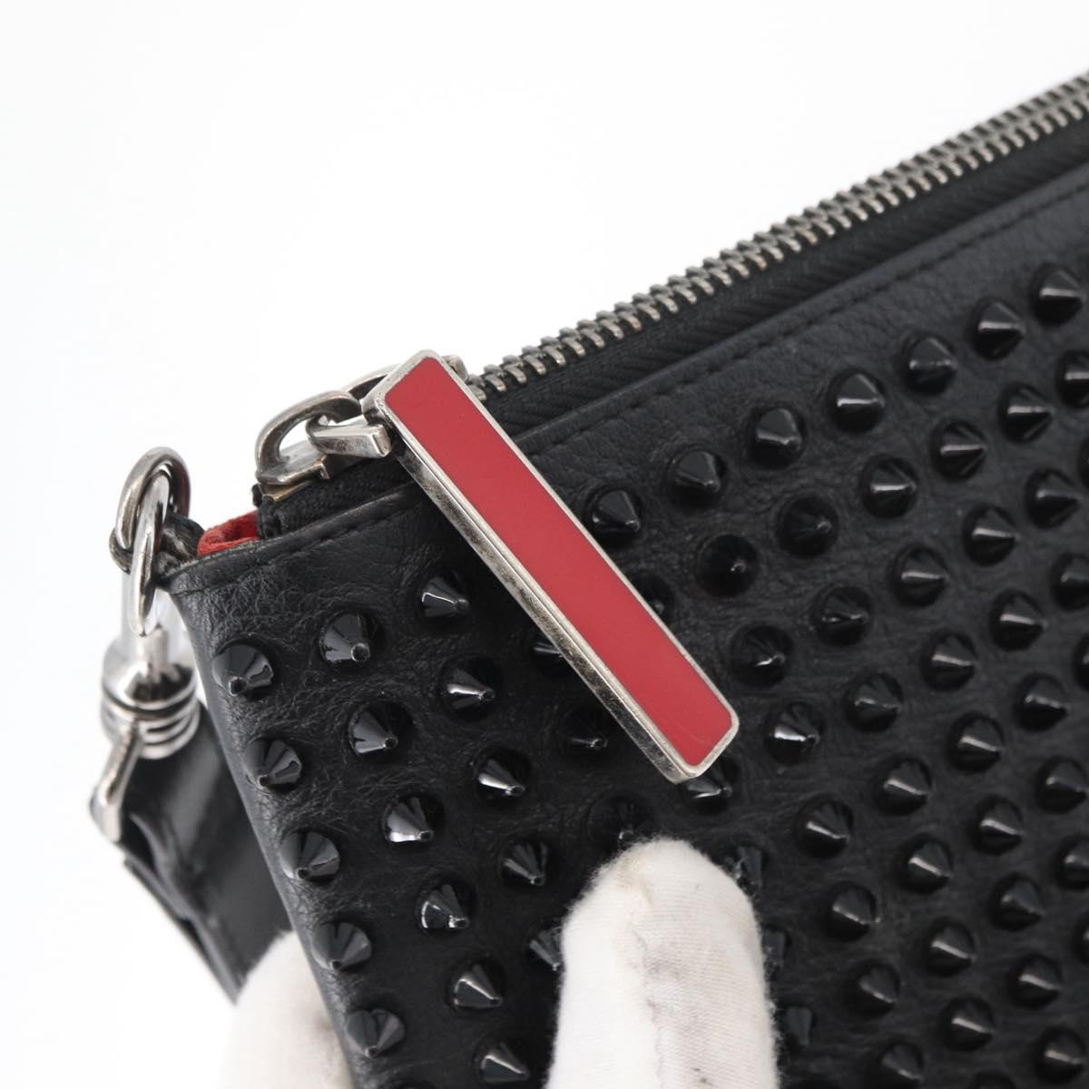 Christian Louboutin Studs Clutch Bag Leather Black Silver Auth bs35067