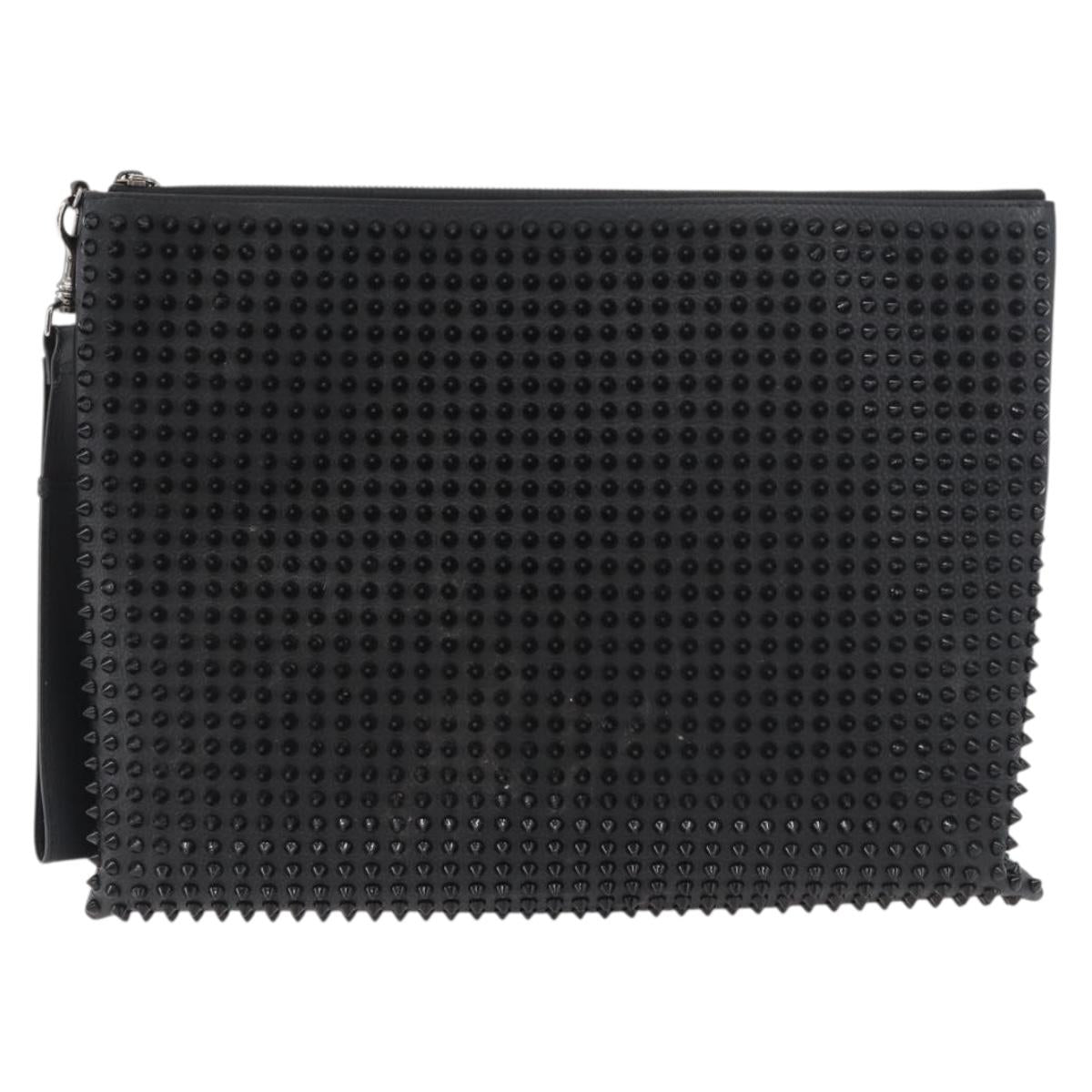 Christian Louboutin Studs Clutch Bag Leather Black Silver Auth bs35067