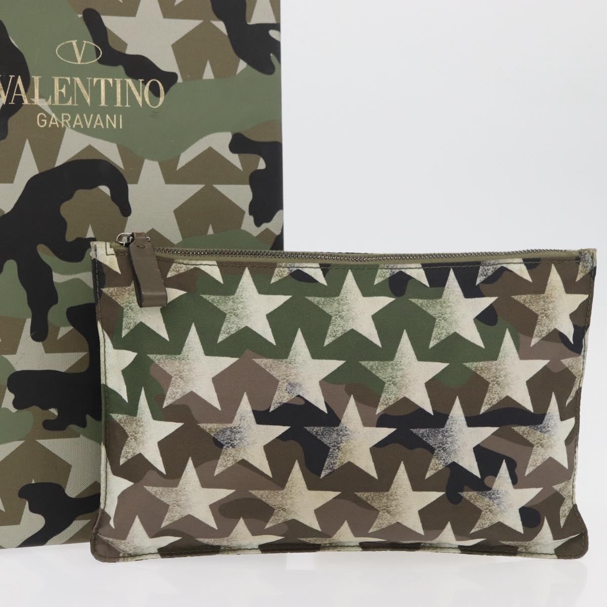 VALENTINO Camouflage Clutch Bag Nylon Khaki Silver Auth bs35068A