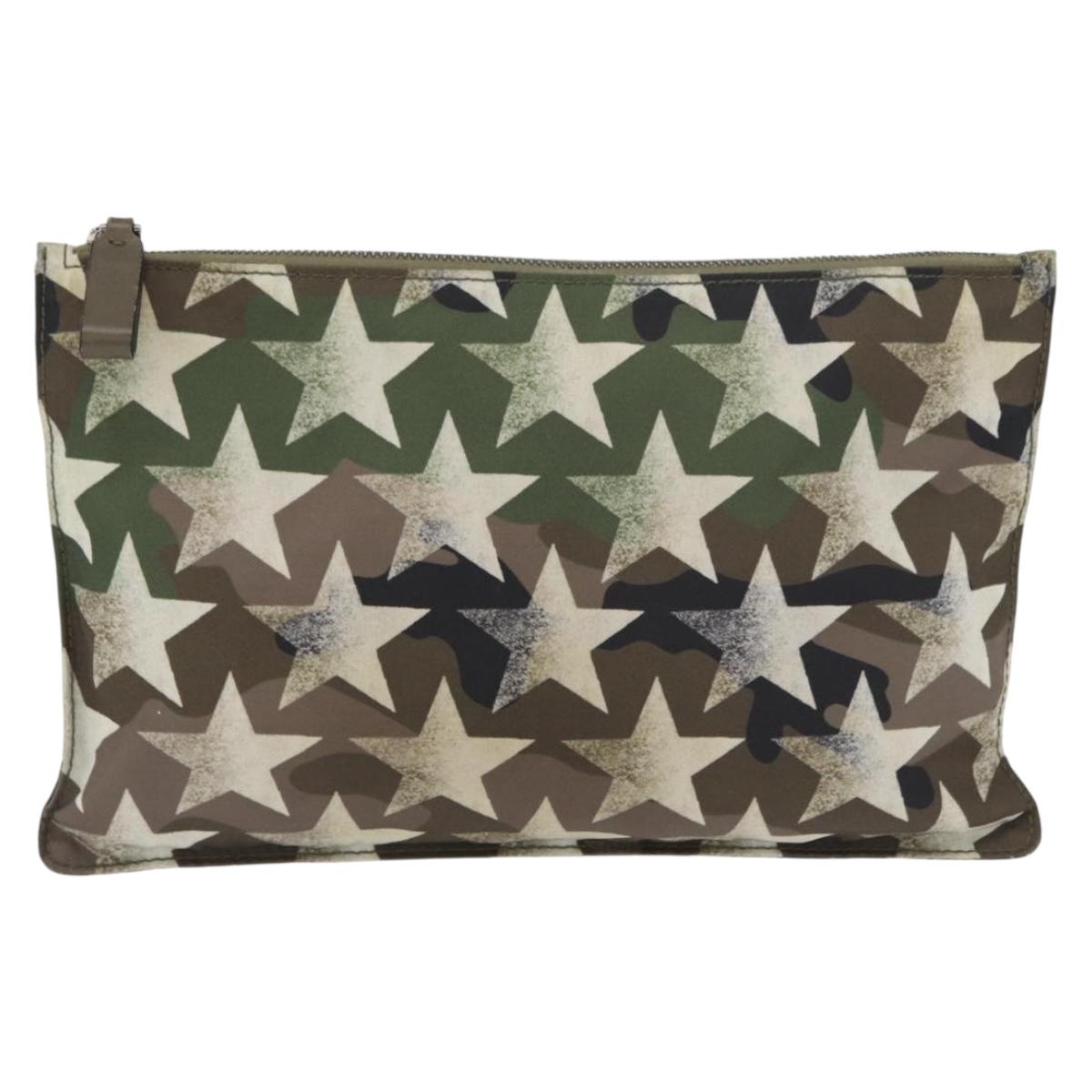 VALENTINO Camouflage Clutch Bag Nylon Khaki Silver Auth bs35068A