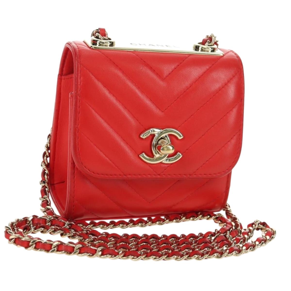 CHANEL V Stitch Shoulder Bag Lamb Skin Gold Red CC Auth bs35072M