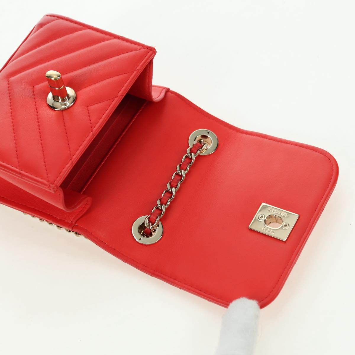 CHANEL V Stitch Shoulder Bag Lamb Skin Gold Red CC Auth bs35072M