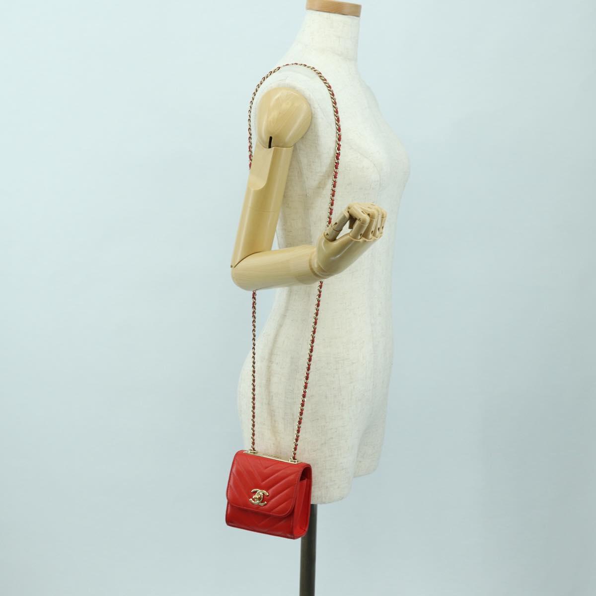 CHANEL V Stitch Shoulder Bag Lamb Skin Gold Red CC Auth bs35072M