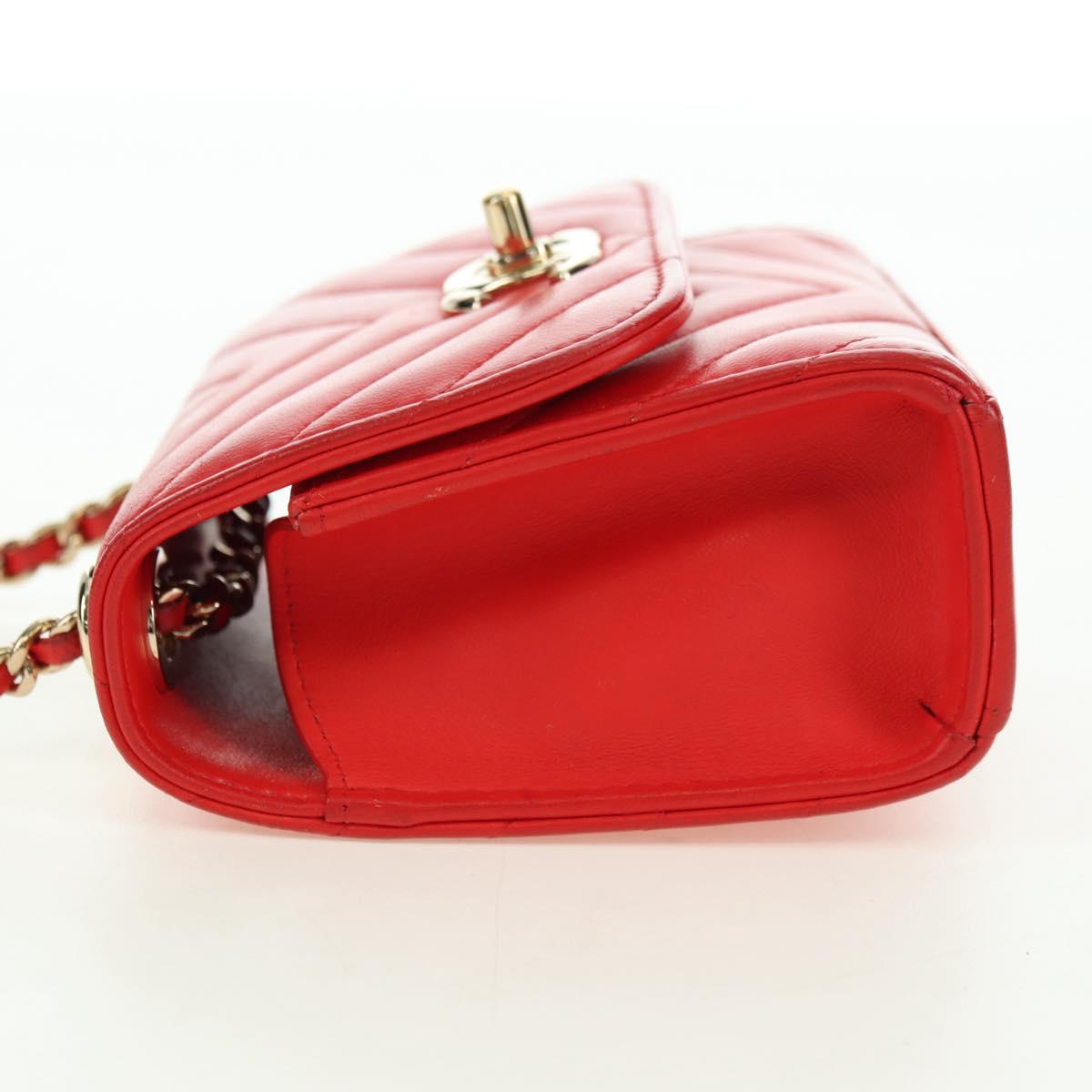 CHANEL V Stitch Shoulder Bag Lamb Skin Gold Red CC Auth bs35072M
