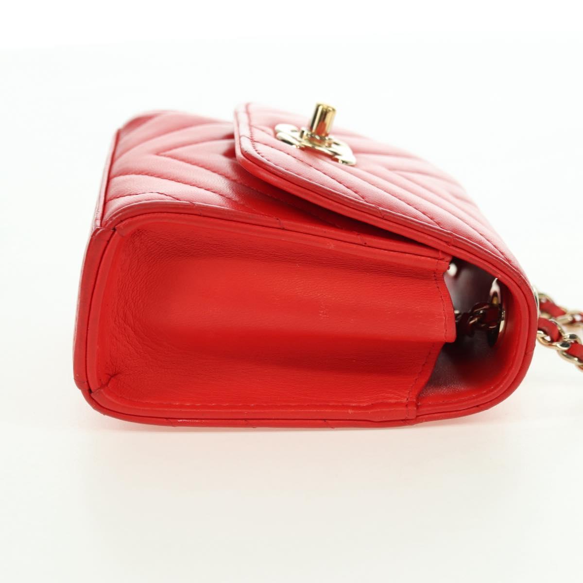 CHANEL V Stitch Shoulder Bag Lamb Skin Gold Red CC Auth bs35072M