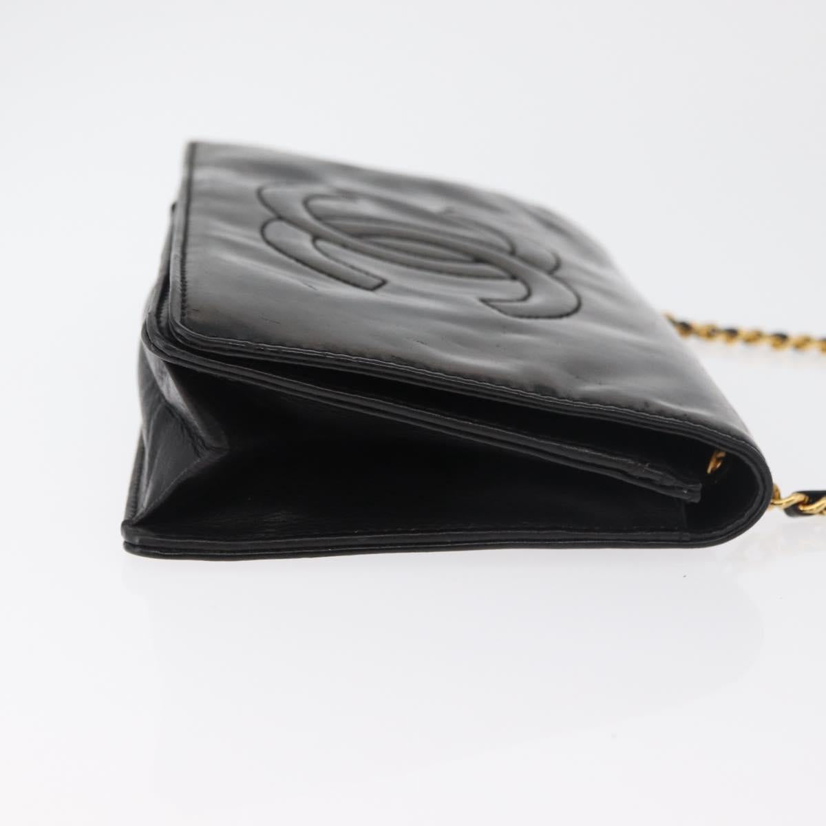 CHANEL Chain Wallet Patent leather Black Silver CC Auth bs35074
