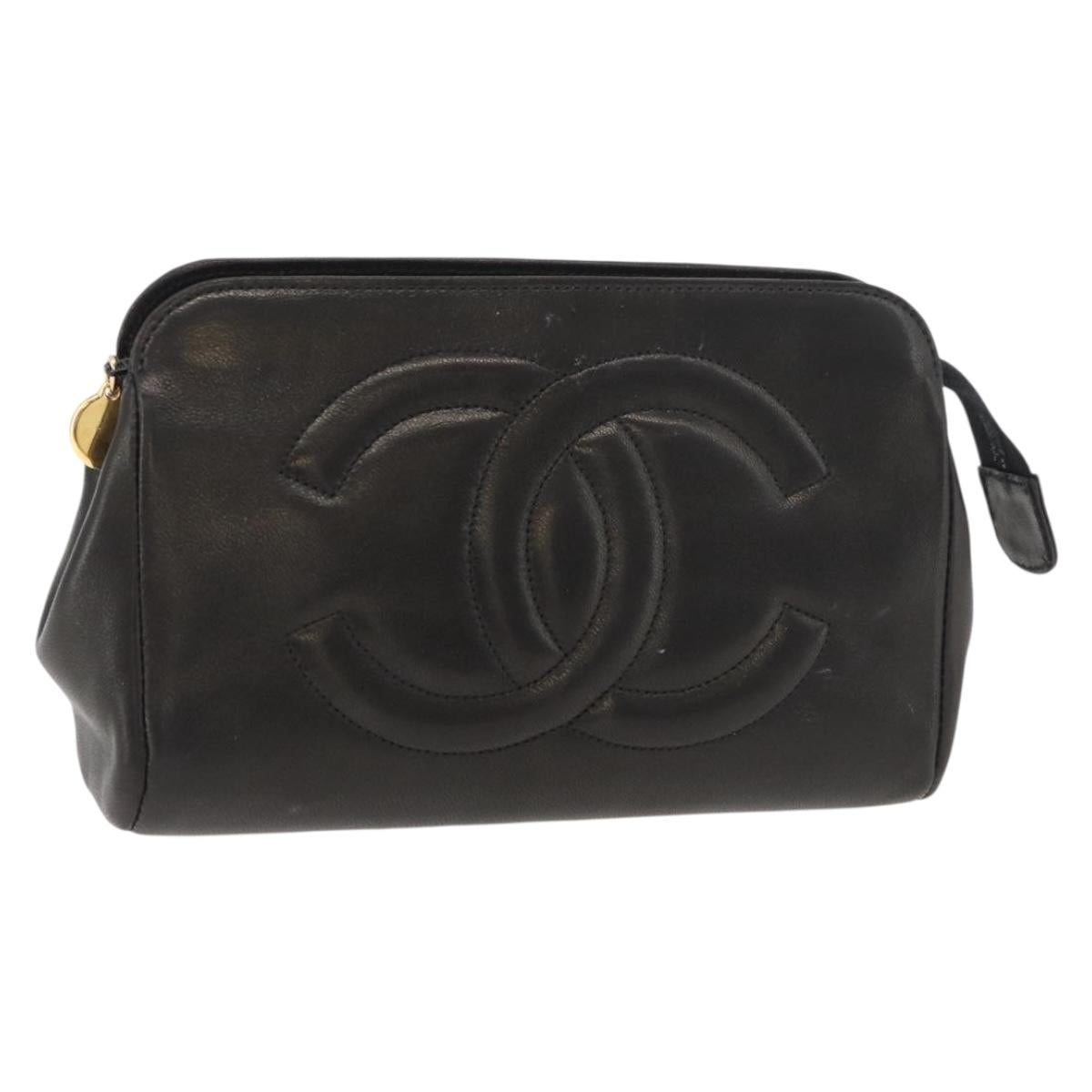 CHANEL Pouch Lamb Skin Black Gold CC Auth bs35075