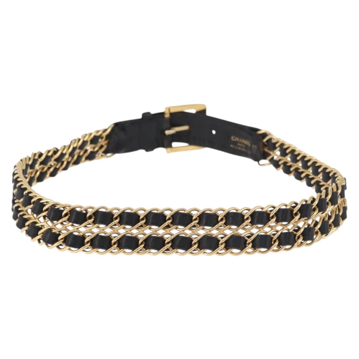 CHANEL Chain Belt Leather 29.5"" Black CC Auth bs35077
