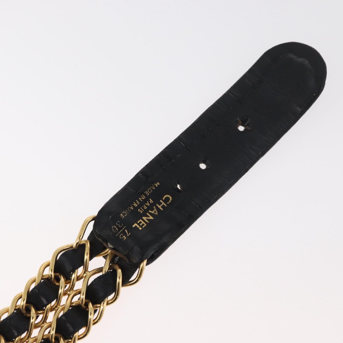 CHANEL Chain Belt Leather 29.5"" Black CC Auth bs35077