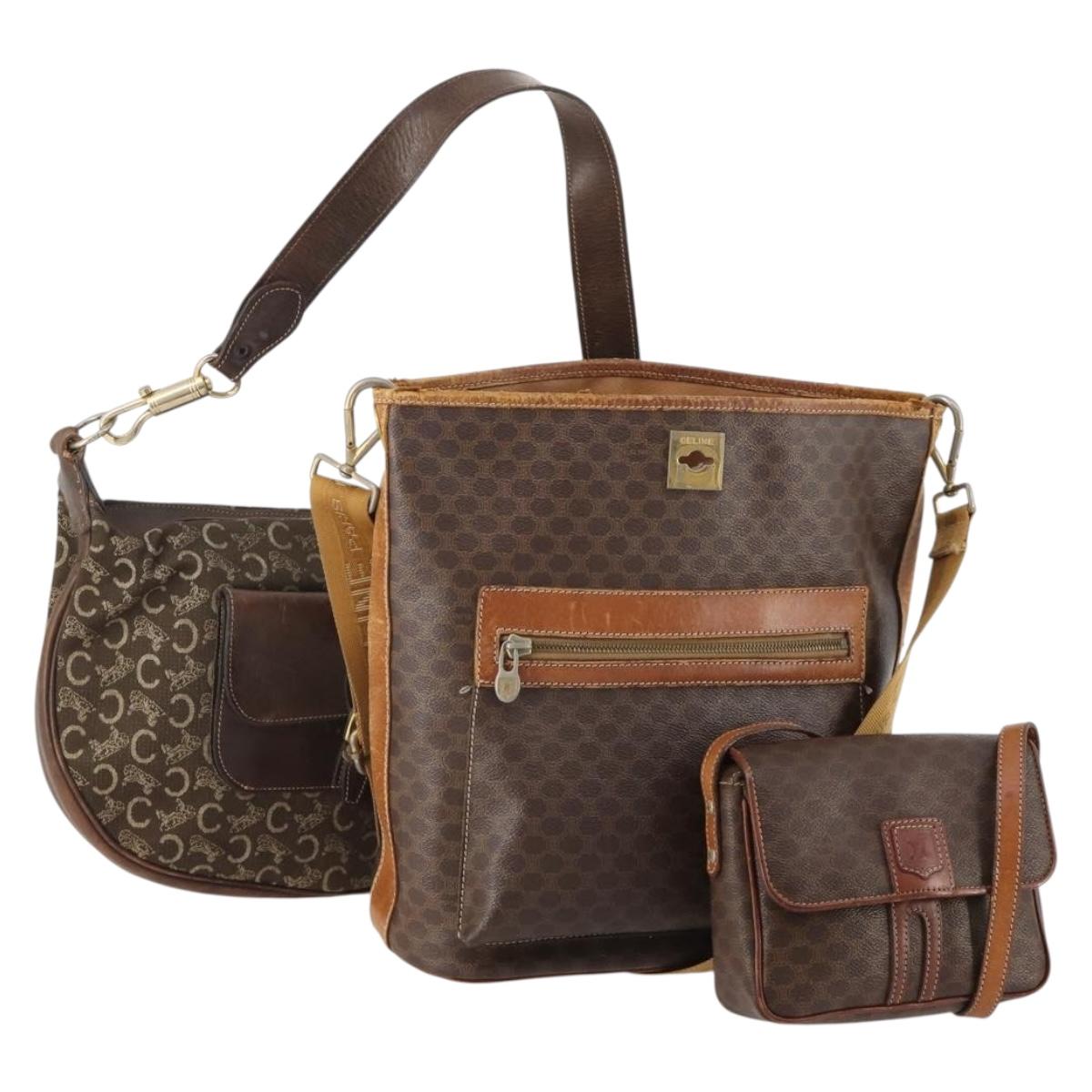 CELINE Macadam Canvas C Sulky Shoulder Bag PVC Leather 3 Set Brown Auth bs35107