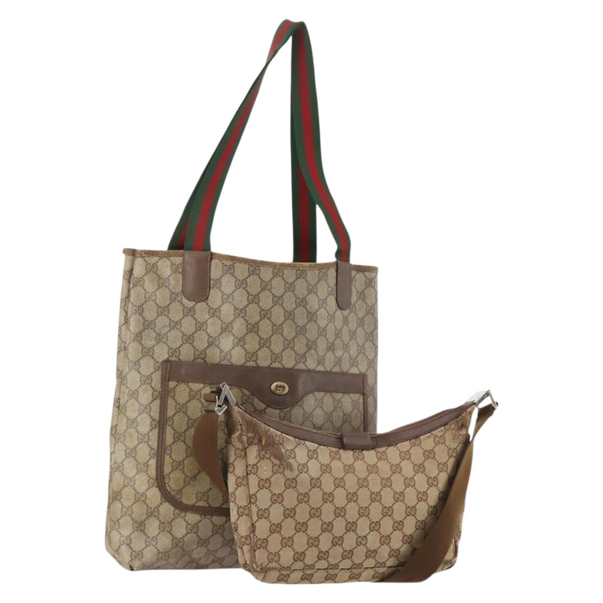 GUCCI GG Supreme GG Canvas Web Sherry Line Tote Bag PVC 2 Set Beige Auth bs35109