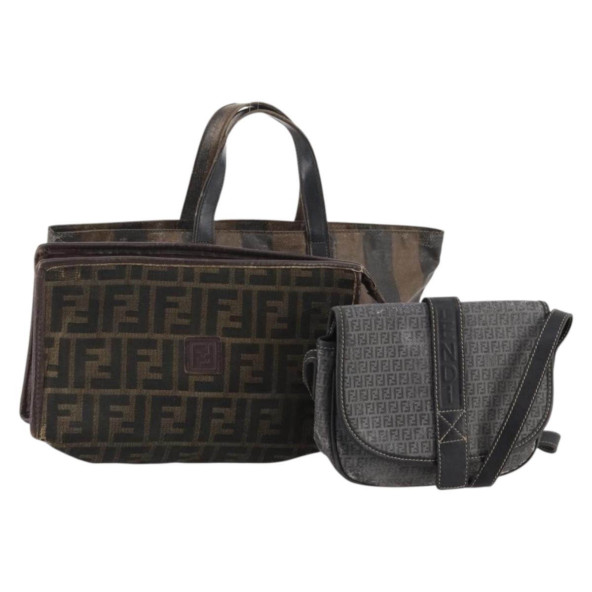 FENDI Zucchino Canvas Zucca Canvas Pecan Canvas Bag PVC 3 Set Auth bs35110