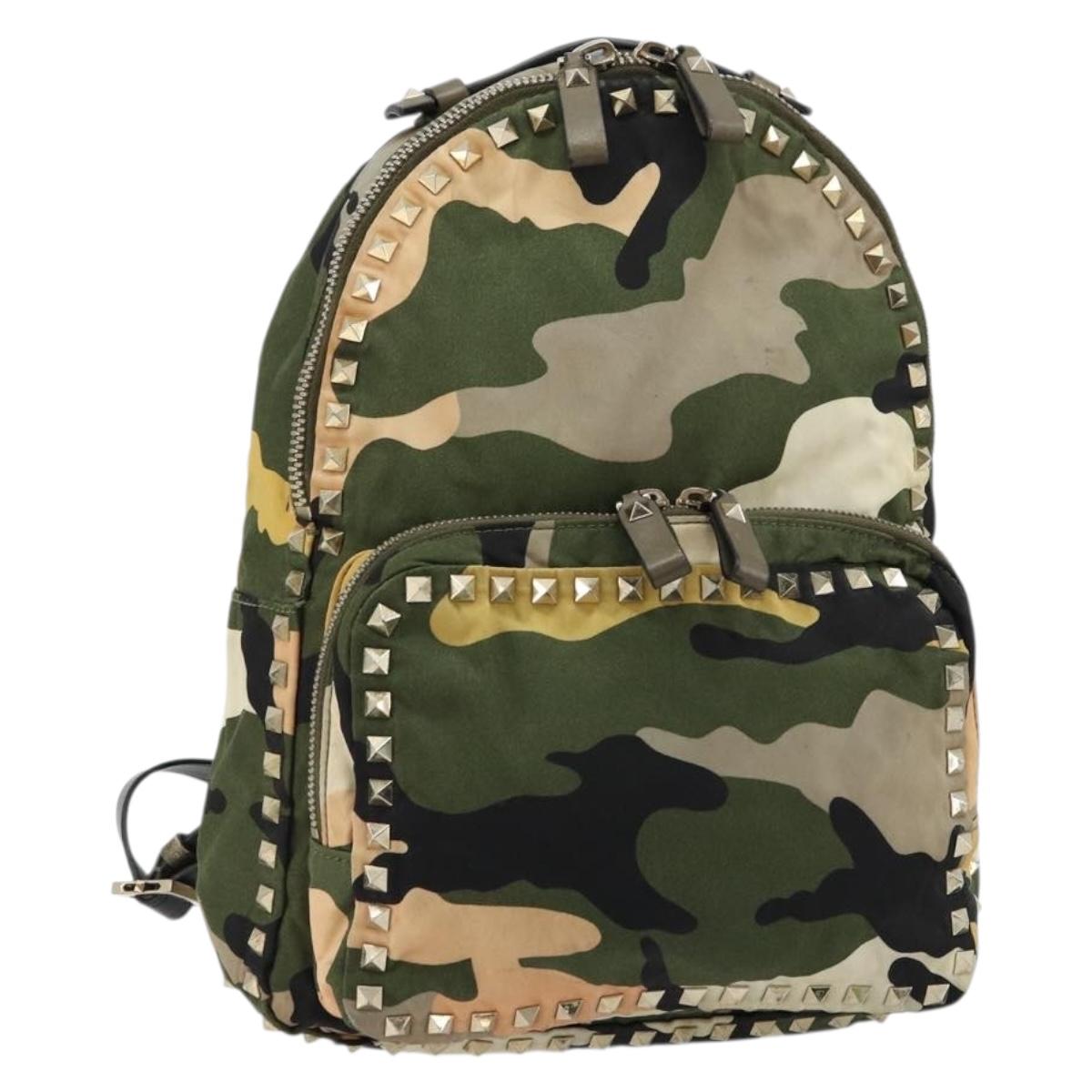 VALENTINO Studs Camouflage Backpack Nylon Khaki Gold Auth bs35140