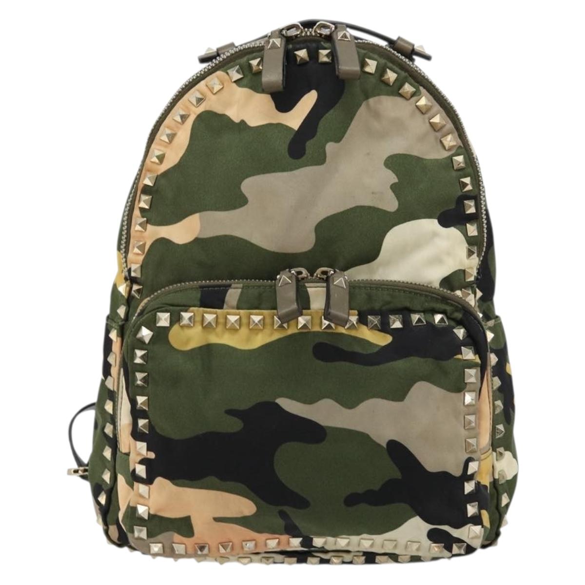 VALENTINO Studs Camouflage Backpack Nylon Khaki Gold Auth bs35140