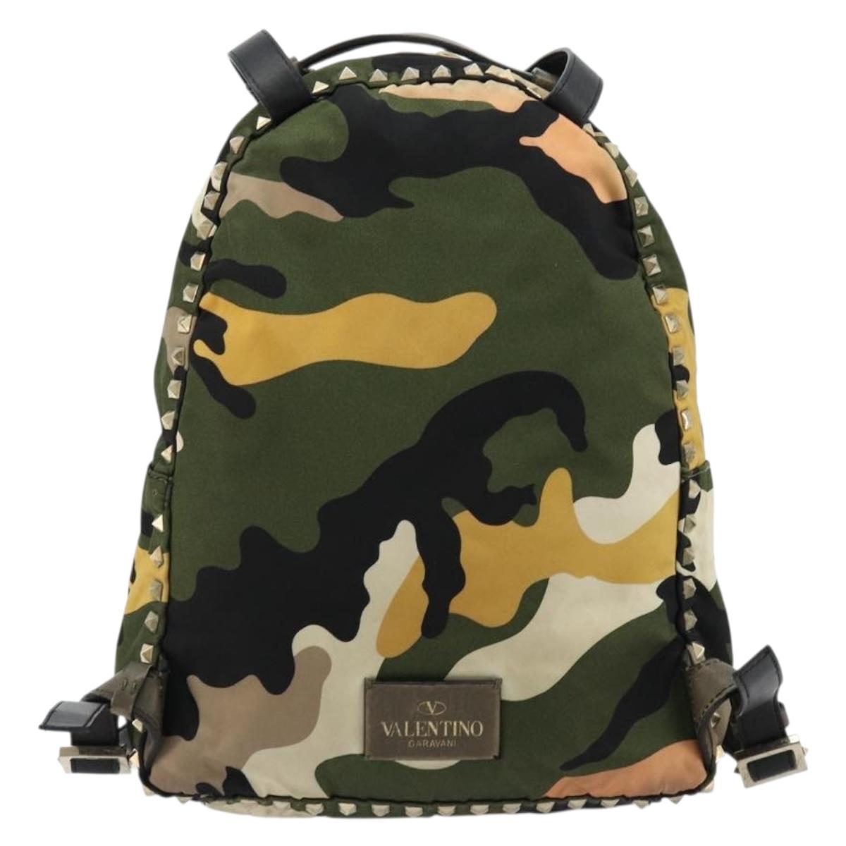 VALENTINO Studs Camouflage Backpack Nylon Khaki Gold Auth bs35140