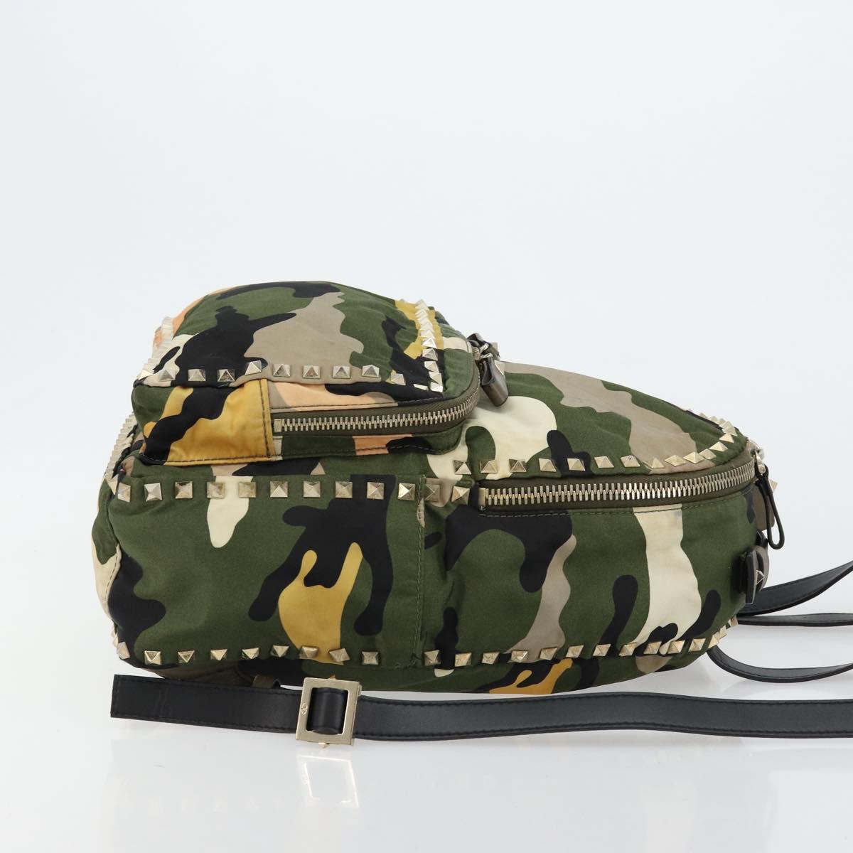 VALENTINO Studs Camouflage Backpack Nylon Khaki Gold Auth bs35140