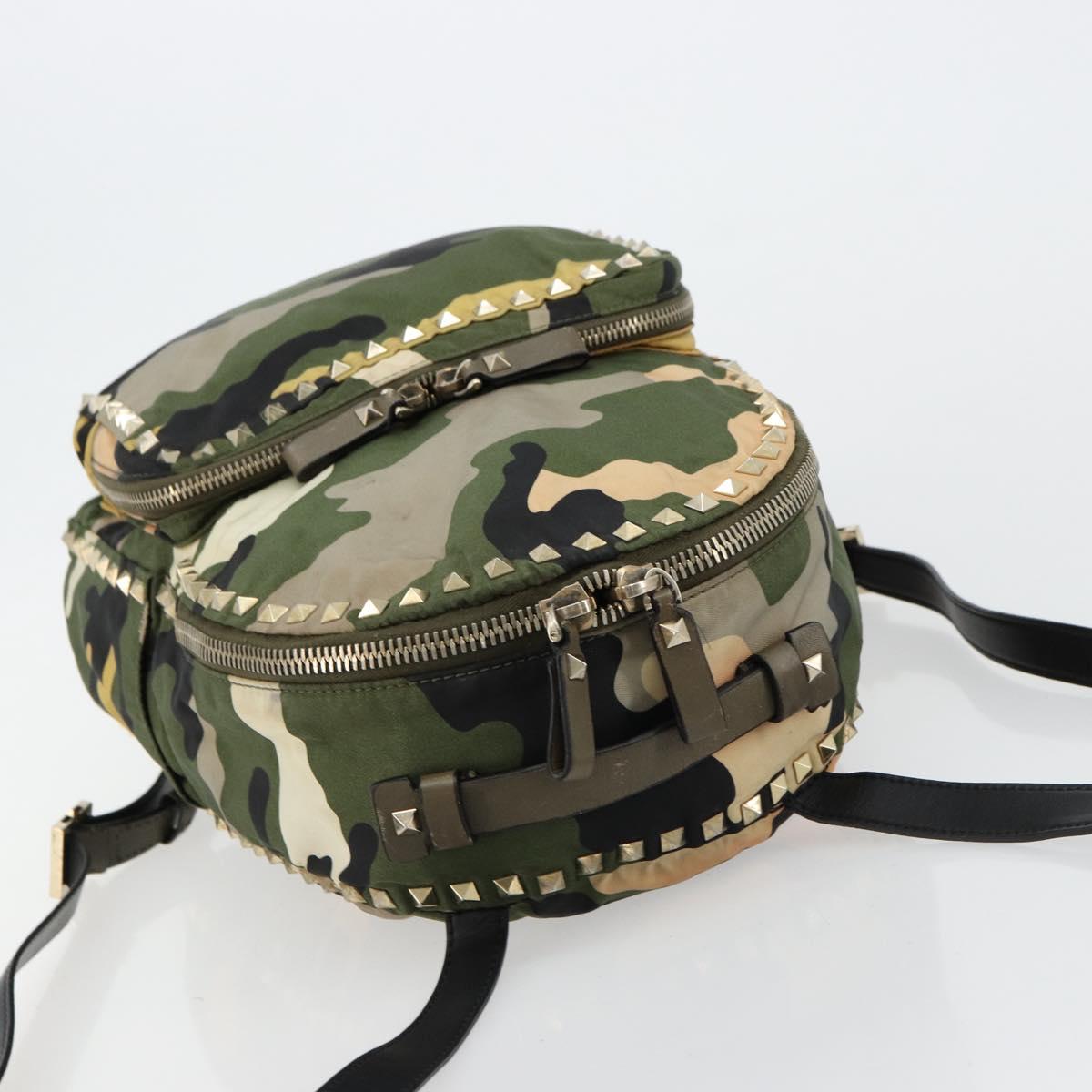 VALENTINO Studs Camouflage Backpack Nylon Khaki Gold Auth bs35140