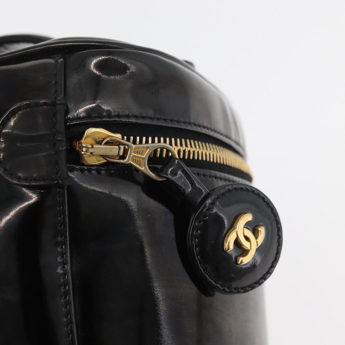CHANEL Vanity Hand Bag Patent leather Black Gold CC Auth bs35169