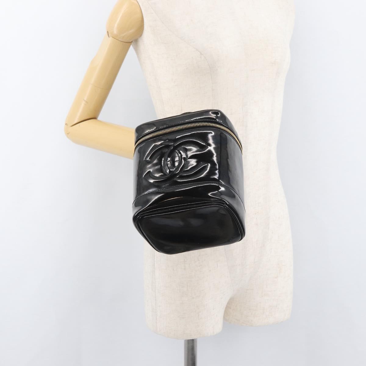 CHANEL Vanity Hand Bag Patent leather Black Gold CC Auth bs35169