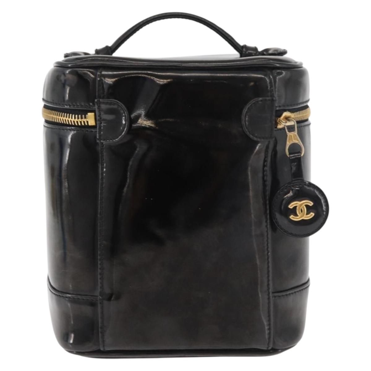 CHANEL Vanity Hand Bag Patent leather Black Gold CC Auth bs35169
