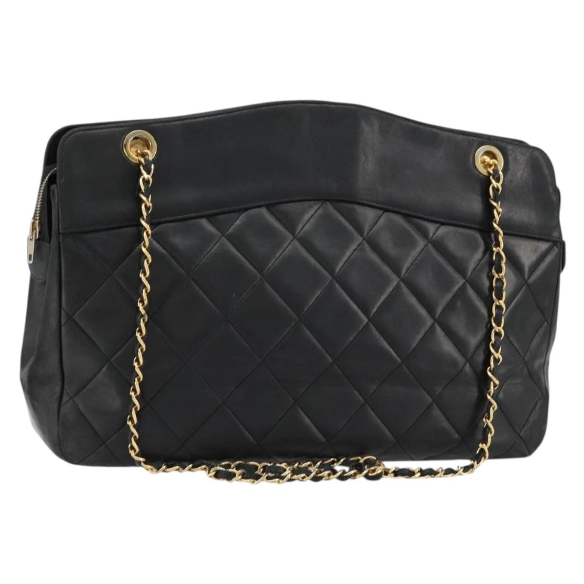 CHANEL Matelasse Chain Shoulder Bag Lamb Skin Black Gold CC Auth bs35173