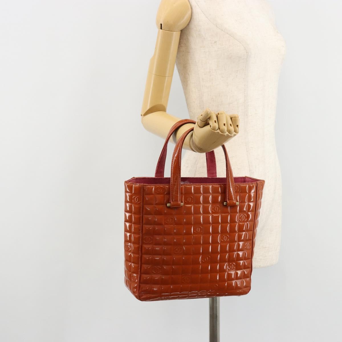 CHANEL Choco Bar Hand Bag Patent leather Orange Gold CC Auth bs35178