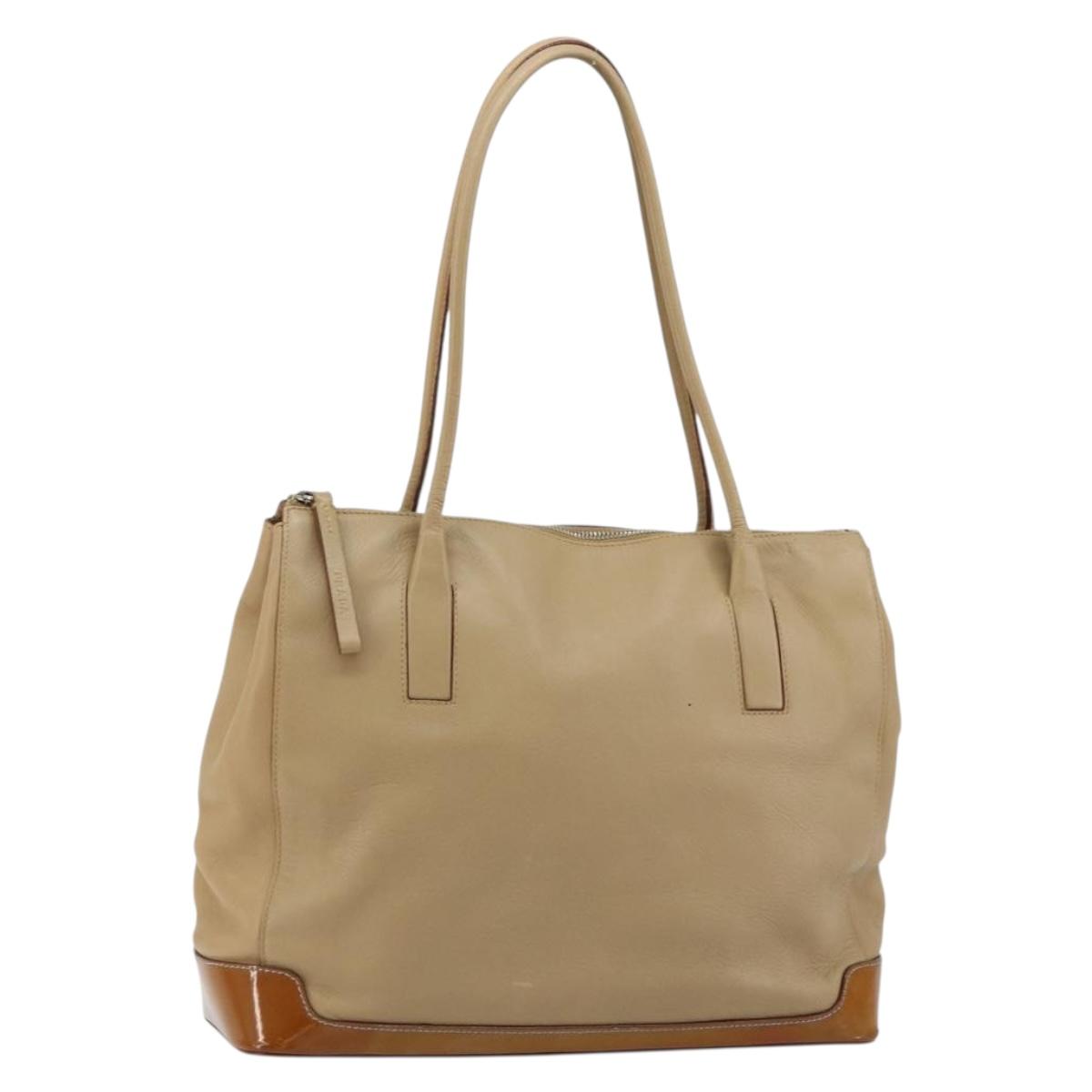 PRADA Tote Bag Leather Beige Silver Auth bs35191